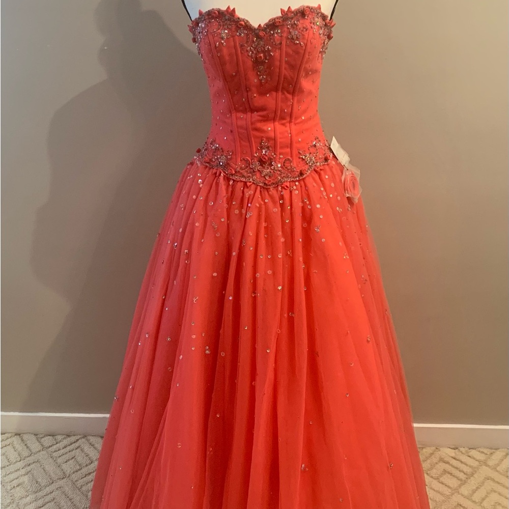 Elegant Coral Strapless Gown with Embellishments